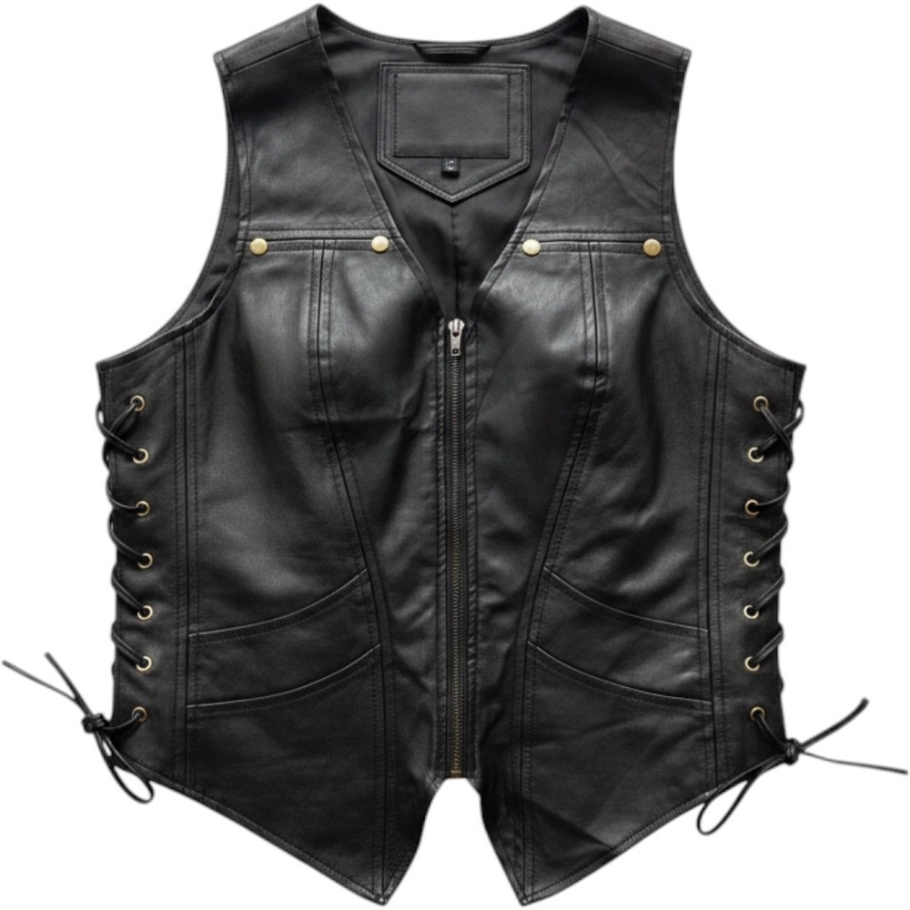 Black Faux Leather Phoenix Biker Vest Zip Front Lace Up Sides Womens Medium